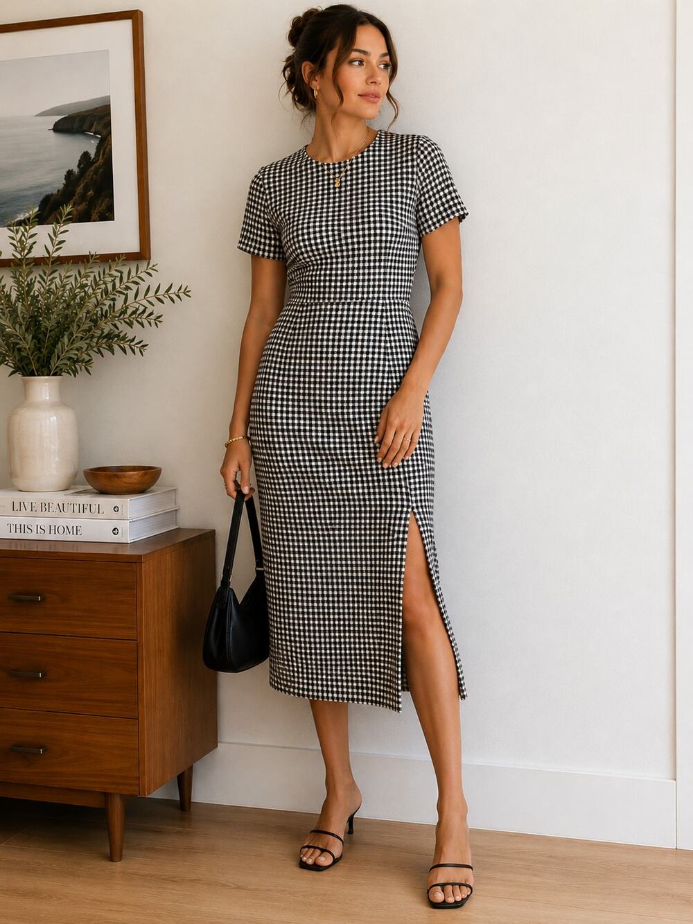 Zara Black White Gingham Midi Dress Side Slit Minimalist Preppy M ✨